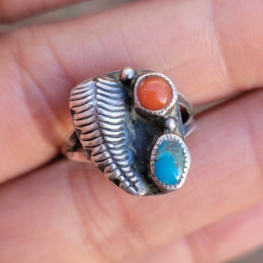 Native American handmade vintage 925 sterling silver turquoise + coral squash bl - Picture 4 of 13